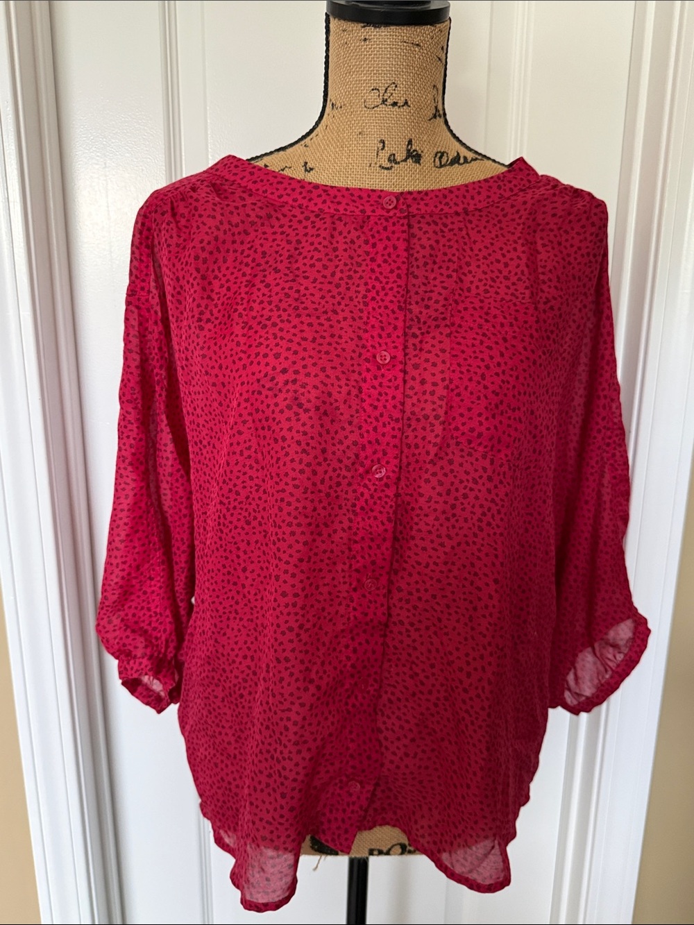LOFT Red Button-Back Dot Print Blouse